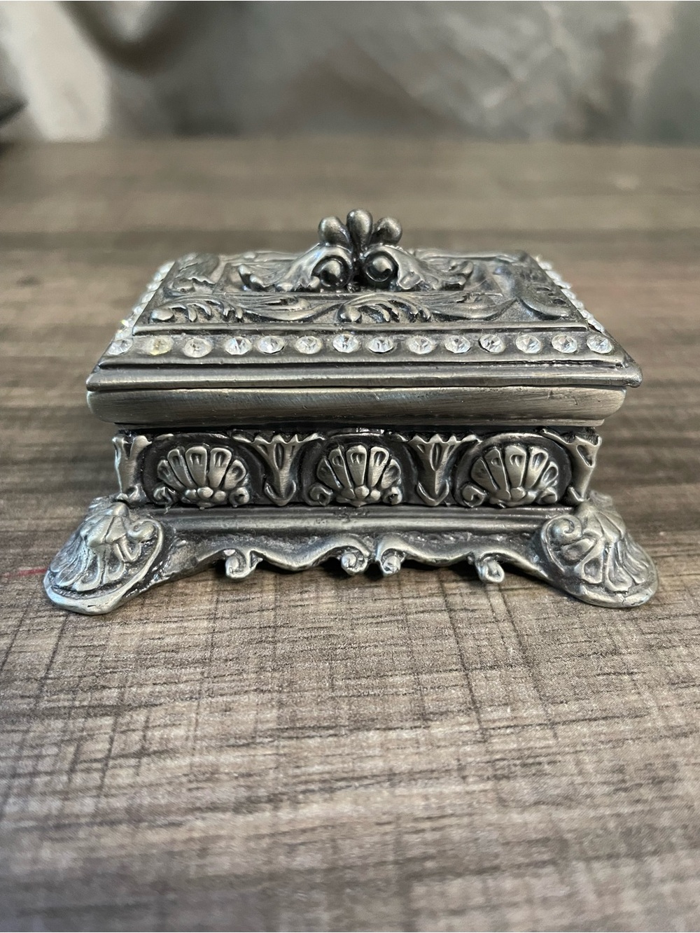 Vintage Ornate Metal Footed Trinket Box Rhinestone Border Small Vanity